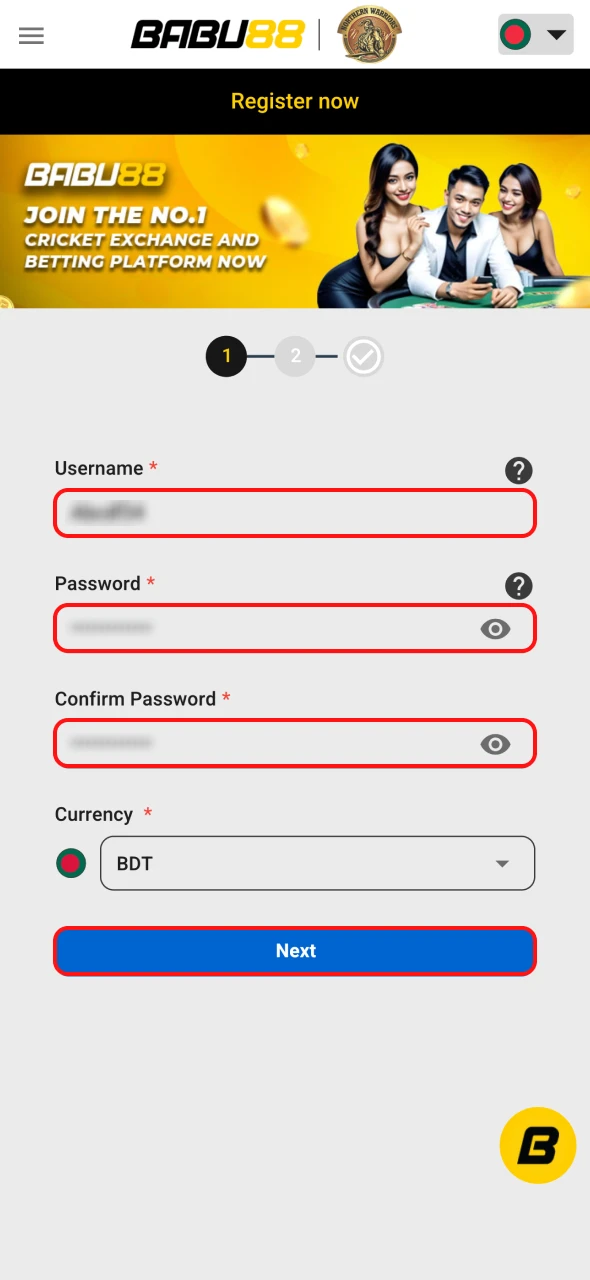 Create a new account at Babu88 website.
