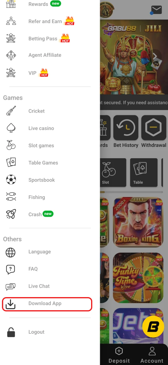 Open the side menu and click the button at Babu88.