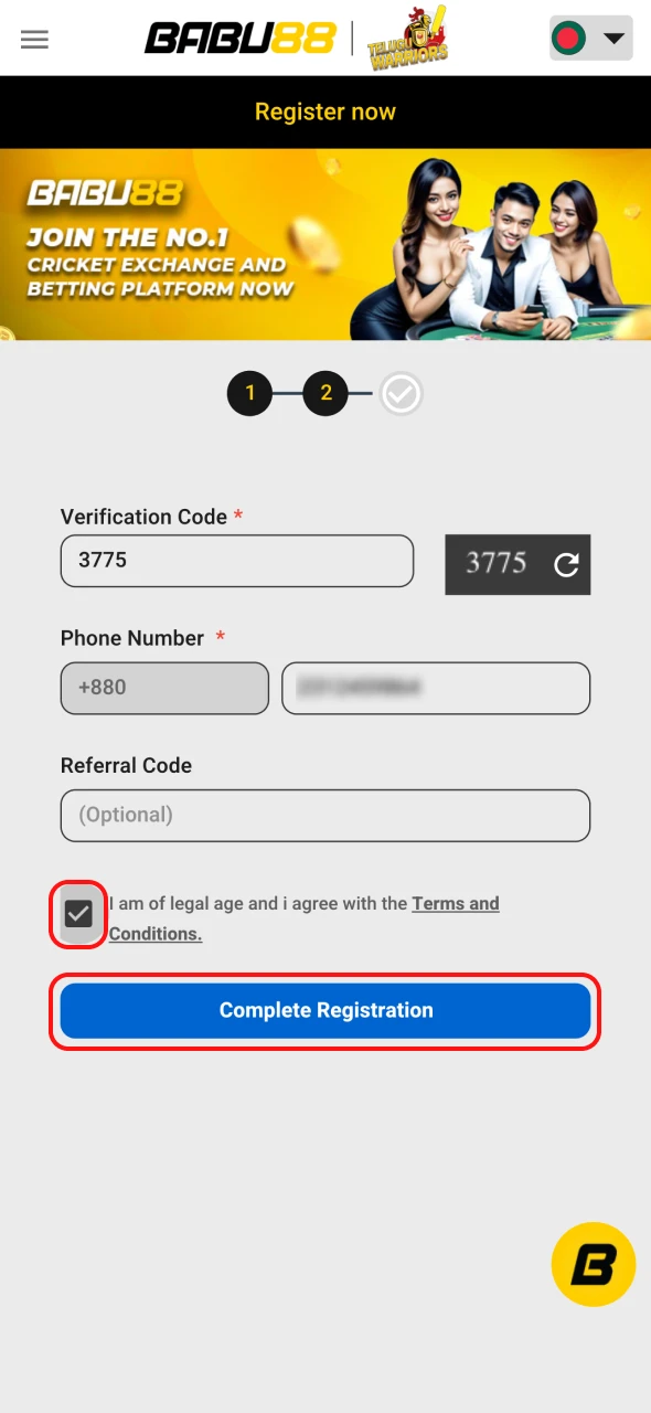 Finish the Babu88 platform registration.