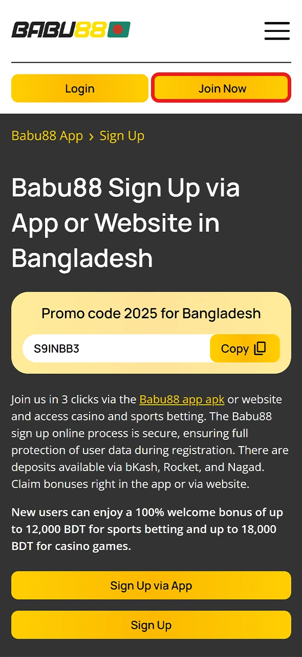 Click on Join Now on the Babu88 app homepage.
