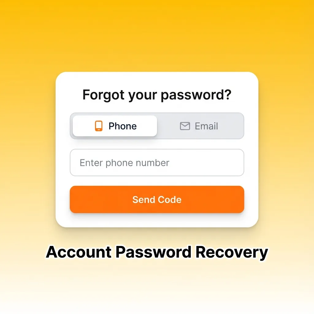 Illustration of password recovery steps: forgot password link, SMS or email code, and creating a new secure password.
