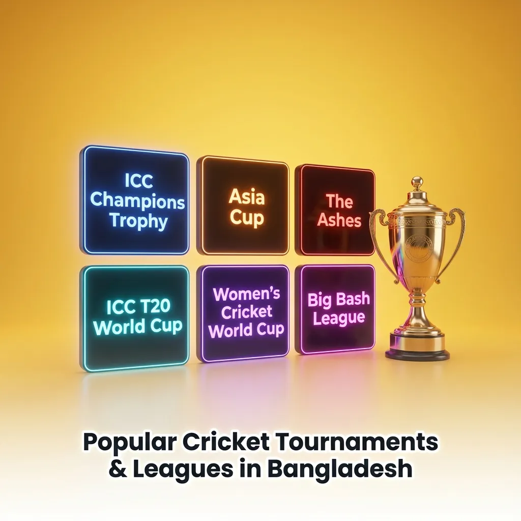 Graphic listing global and Bangladeshi cricket tournaments and leagues with betting markets highlighted