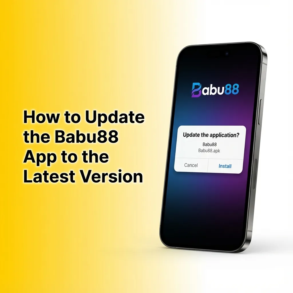 Illustration of Babu88 PWA app on a smartphone with text about automatic updates and no manual downloads