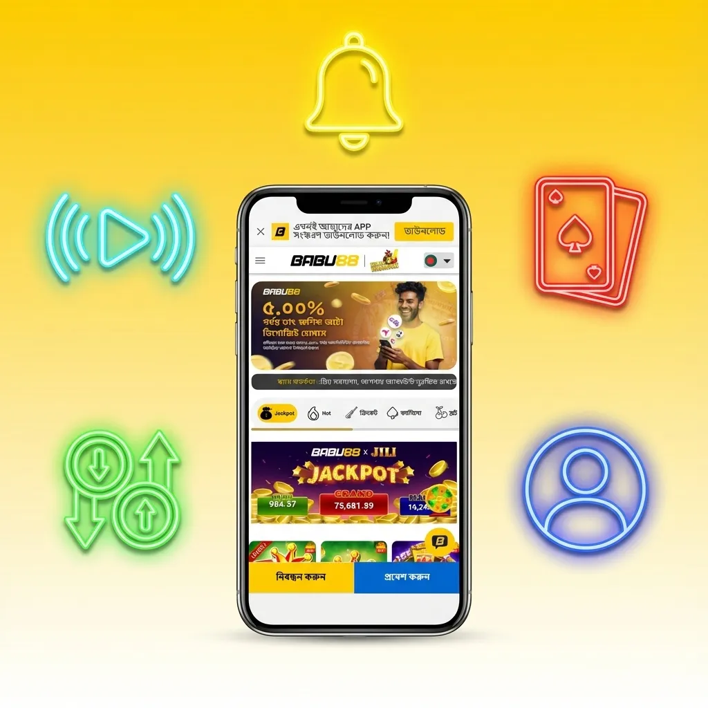 Infographic of Babu88 mobile app features for Bangladeshi bettors, showing BDT support, bonuses, local payments, and live betting