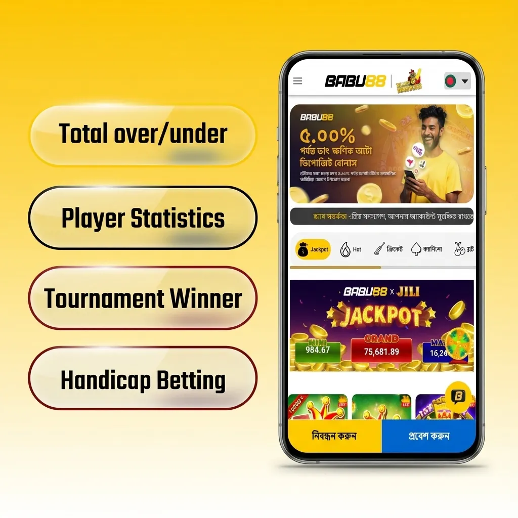 Illustrated Babu88 app screen listing single, accumulator, system, handicap, and over/under sports betting options